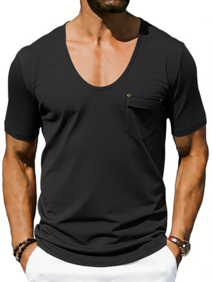 Black cotton blend tee with scoop neck and chest pocket