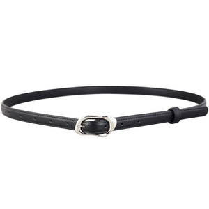 Black leather belt with an irregular silver buckle and adjustable holes.