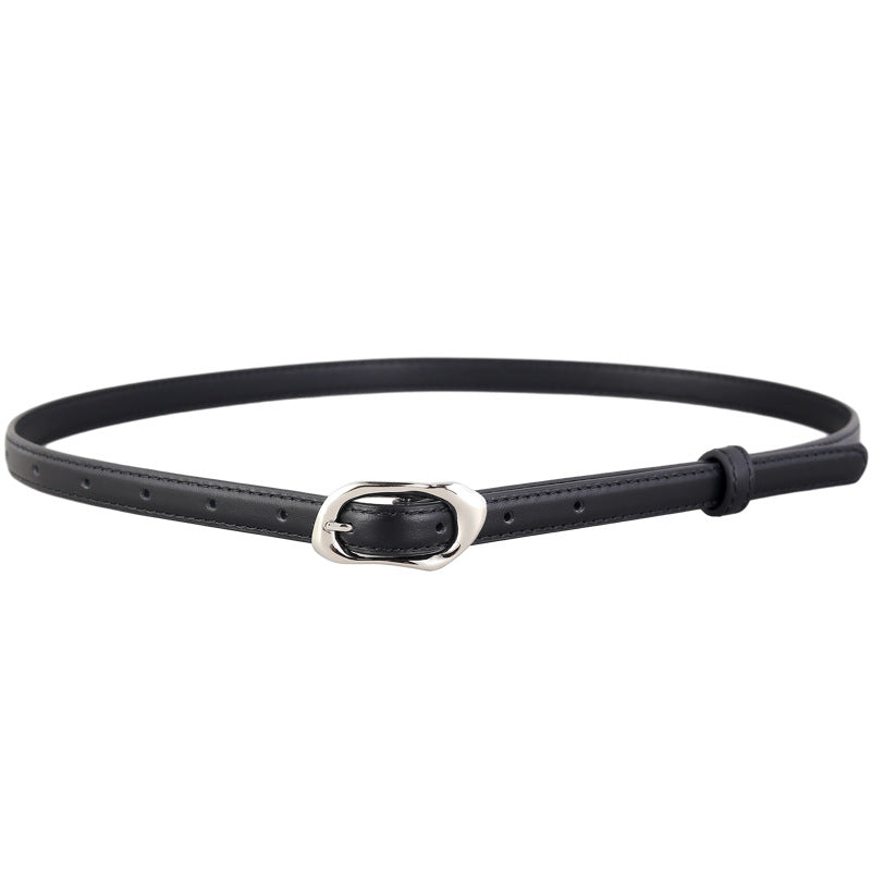 Black leather belt with an irregular silver buckle and adjustable holes.