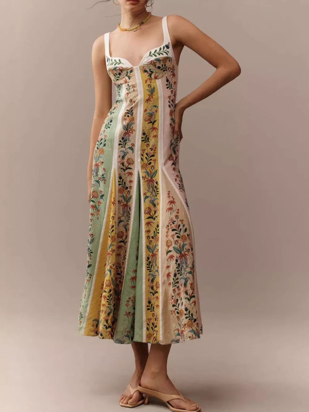 Botanical print sweetheart maxi dress with paneled skirt and white straps.