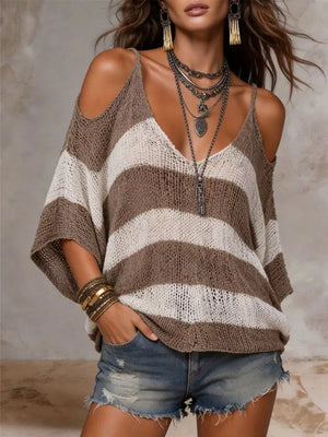 Striped Cold Shoulder Sweater in Black, back view