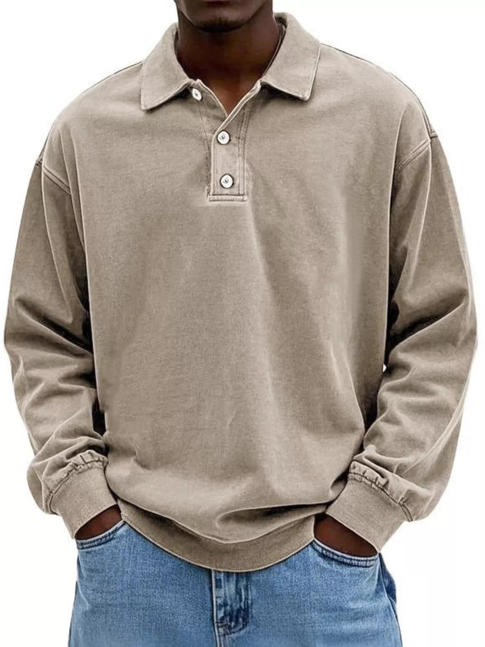 Men's Khaki long sleeve cotton polo shirt with buttoned placket and cuffed sleeves.