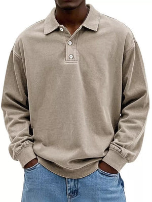 Men's Khaki long sleeve cotton polo shirt with buttoned placket and cuffed sleeves.