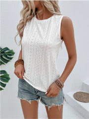 White eyelet detail sleeveless blouse with round neckline and breathable fabric.