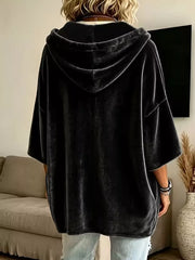 Velvet Loose Fit Hoodie With Drawstring in Khaki, view 14