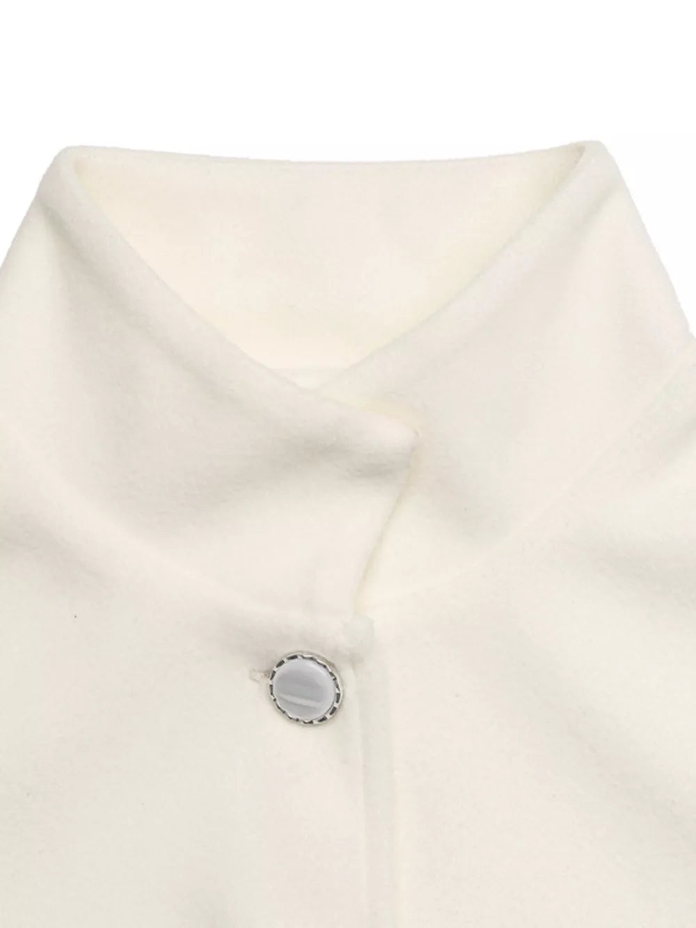 Belted button-up trench coat in beige with a decorative button detail at the collar.