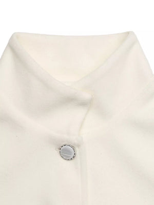 Belted button-up trench coat in beige with a decorative button detail at the collar.