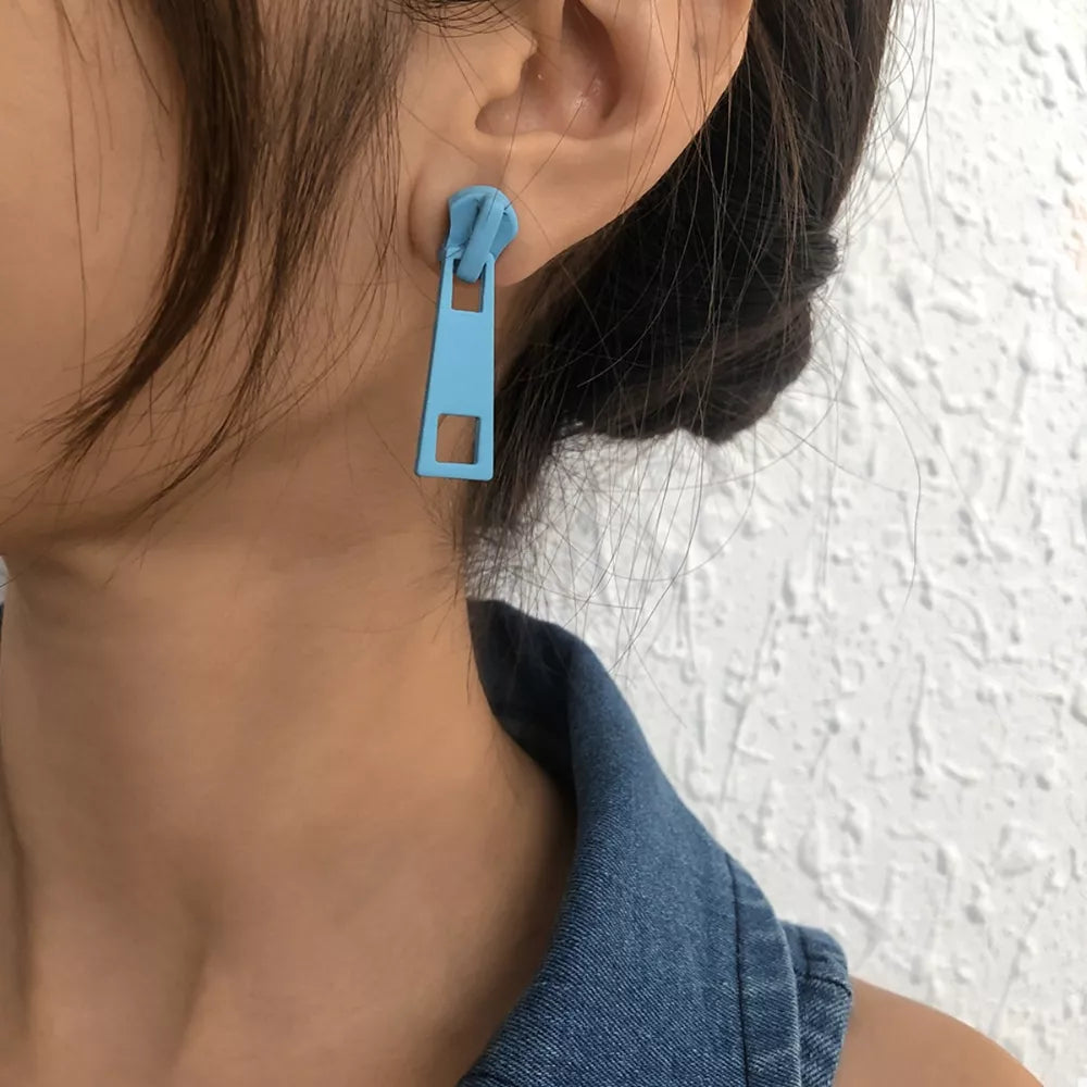 Blue zipper drop earrings with square cutouts, alloy material, casual style.