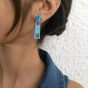 Blue zipper drop earrings with square cutouts, alloy material, casual style.