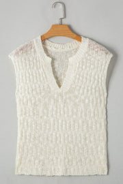 Textured knit V-neck shell top in beige with a relaxed fit.