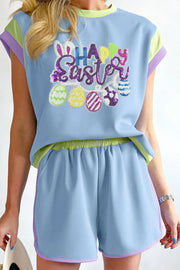 Light blue Easter graphic lounge set with sequin details and contrast trim.