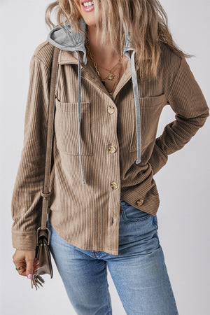 Corduroy shirt jacket in mocha with contrast grey hood and button front.