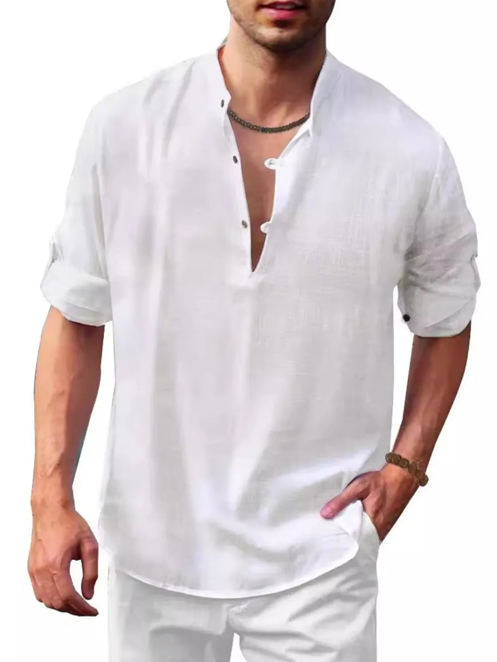 White half-button shirt with mandarin collar and rolled sleeves.