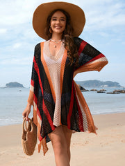 Striped mesh kimono cover-up with V-neck and wide sleeves in multi-color stripes.