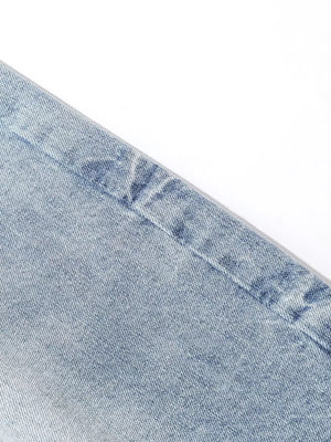 Light blue denim capris for men, relaxed fit, cotton fabric detail.