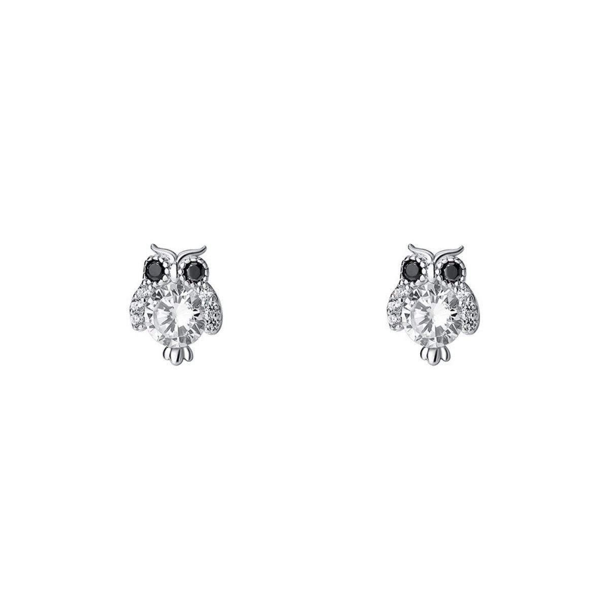 Sterling owl stud earrings with clear and black crystals