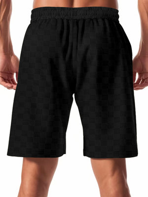 Black checkered chino shorts for men with drawstring waist