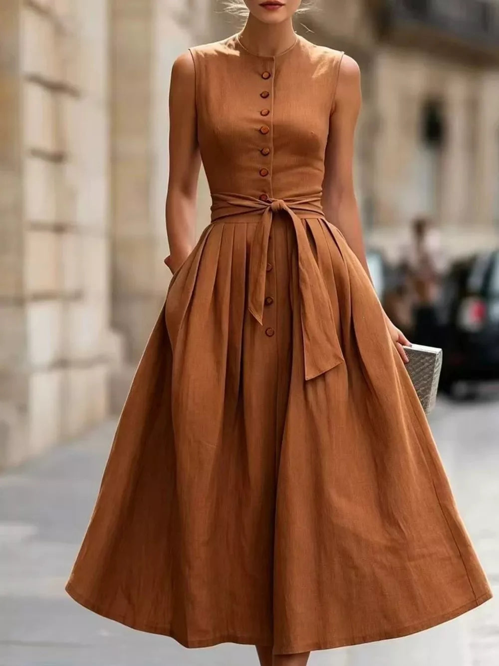 Sleeveless Button-front Belted Midi Dress Plus Size, fabric detail