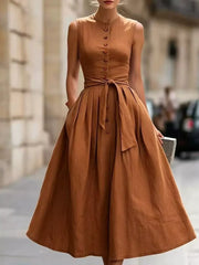 Sleeveless Button-front Belted Midi Dress Plus Size, fabric detail