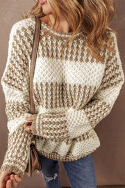 Textured knit sweater in taupe and cream with a blocked stripe pattern and crew neck.