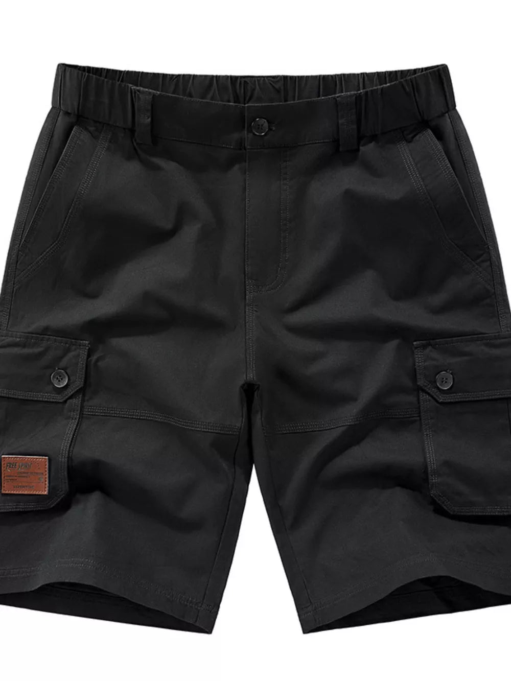 Black chino shorts with elastic waist, button fly, and cargo pockets.