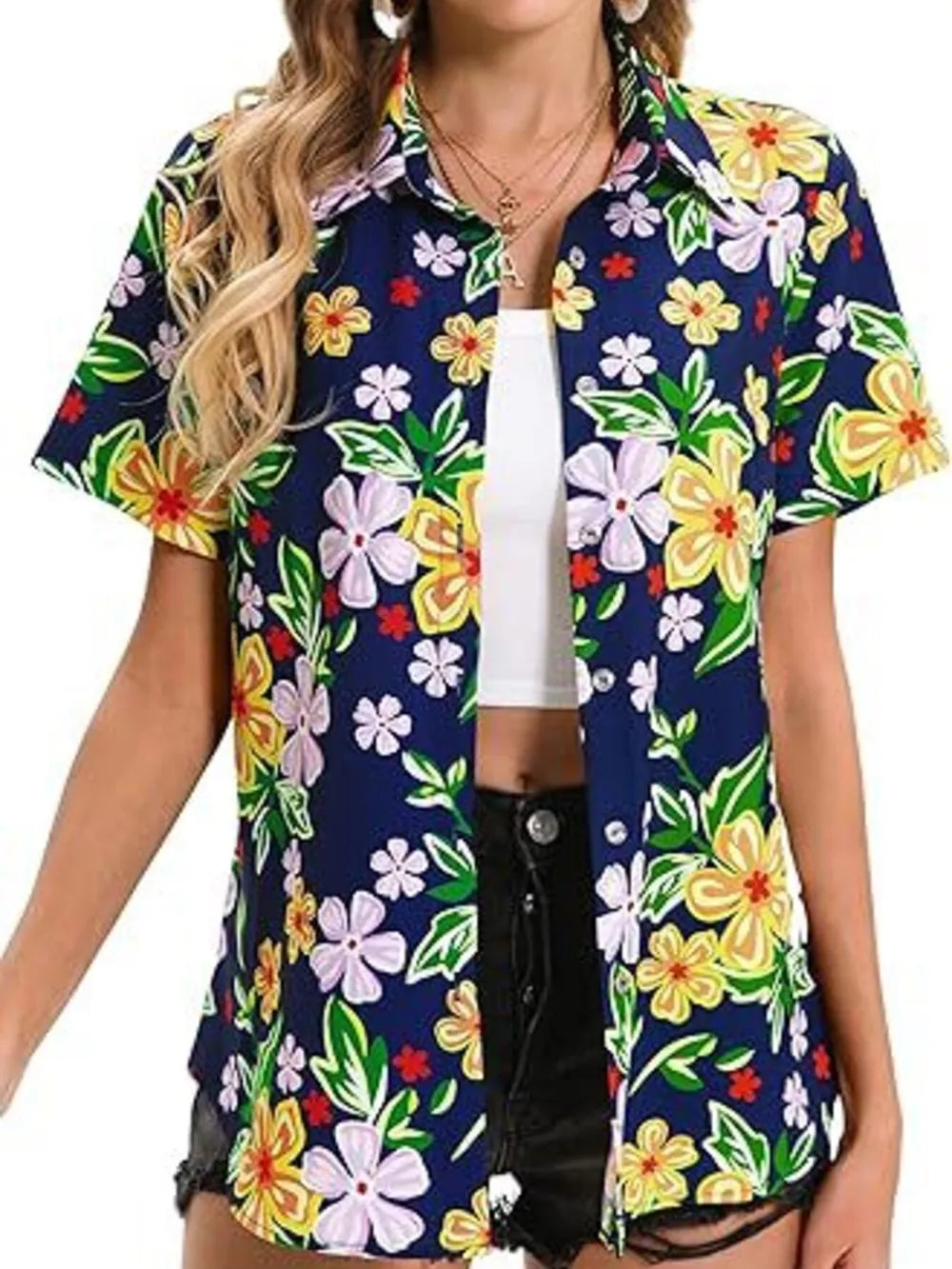 Dark blue button-up shirt with colorful hibiscus floral print, short sleeves, and collar.