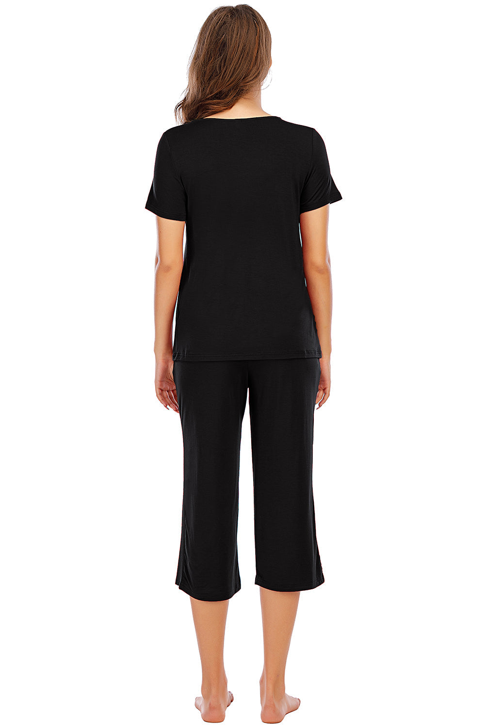 Black capri lounge set with gathered neckline t-shirt and wide-leg cropped pants.