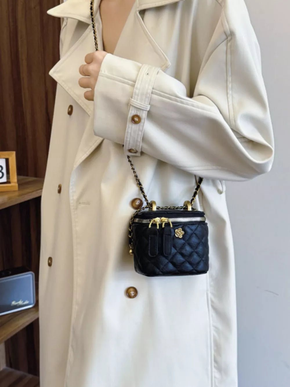 Quilted Chain Strap Crossbody Bag in Black, side view