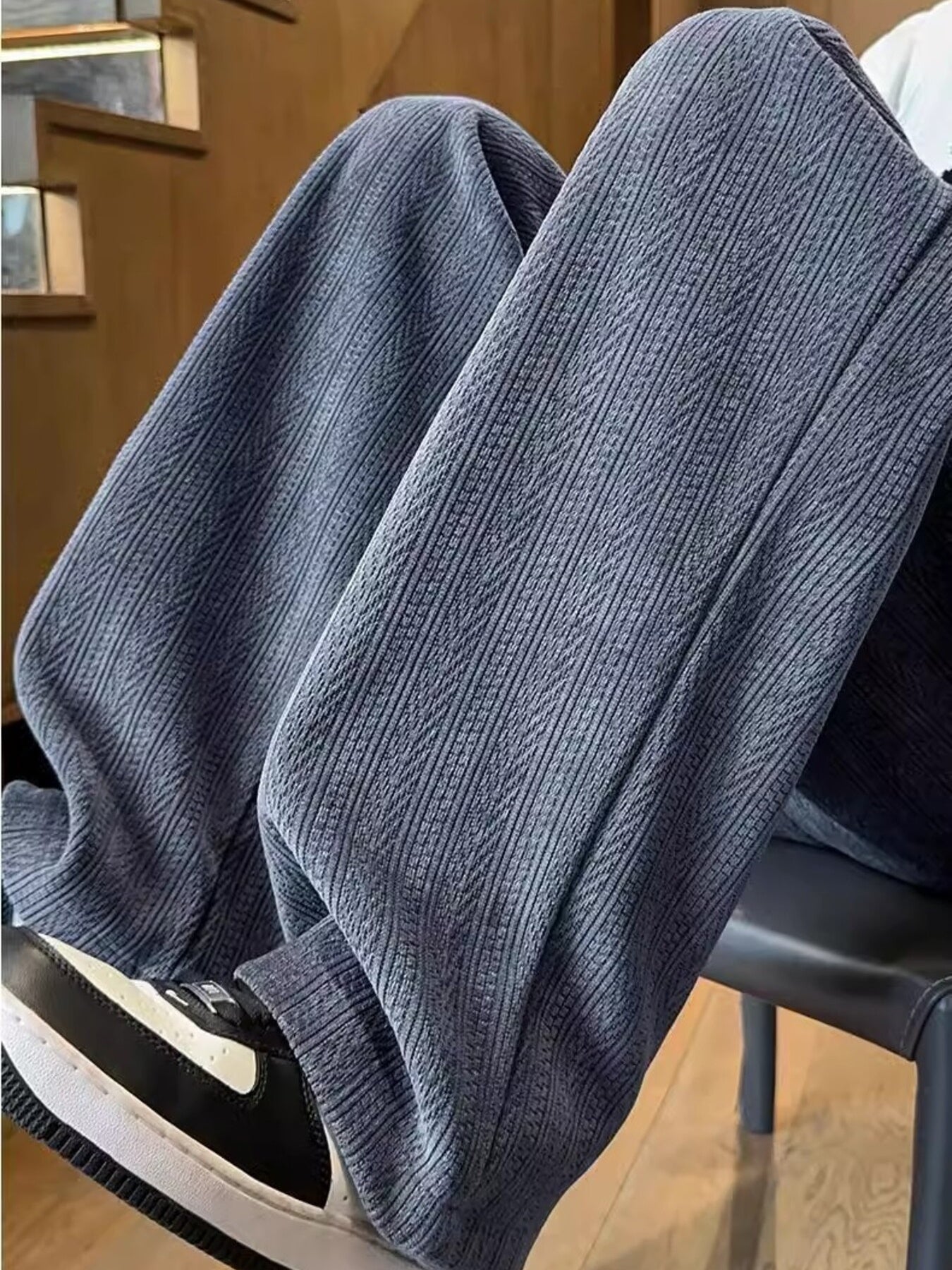 Textured wide leg sweatpants in gray with a subtle herringbone pattern.