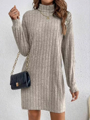 Light gray ribbed turtleneck mini dress with long sleeves and a casual fit.