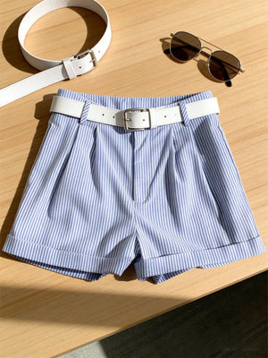 Blue and white striped chino shorts with cuffed hems and a white belt.