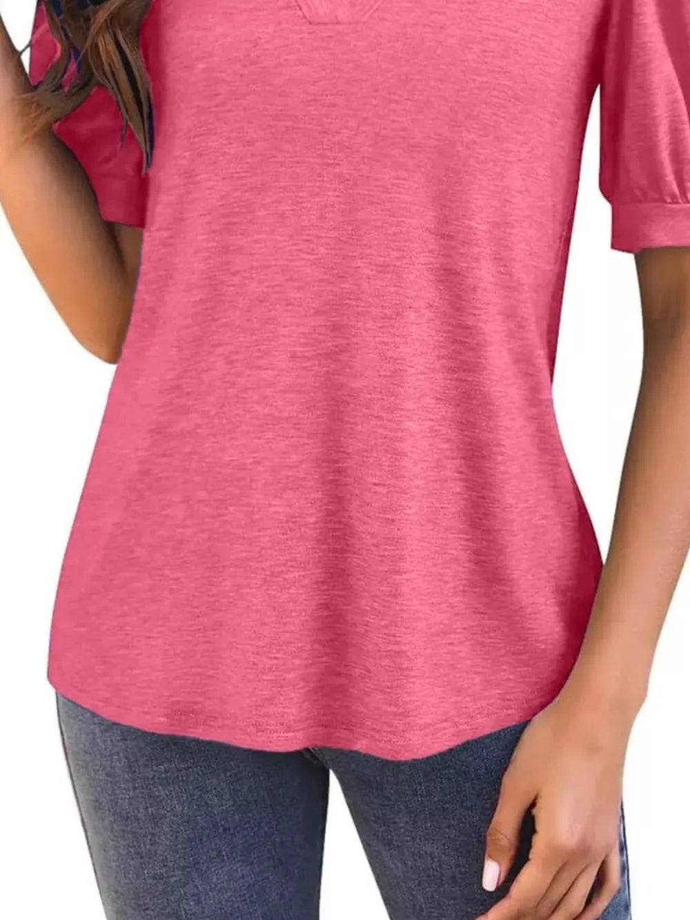 Puff sleeve notched v-neck t-shirt in rose pink, a casual women's top.