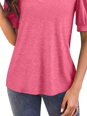 Puff sleeve notched v-neck t-shirt in rose pink, a casual women's top.