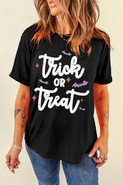 Black t-shirt with white Trick or Treat graphic, purple bats, and star accents.