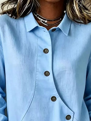 Full Size Asymmetrical Button Down Shirt in White, fit detail