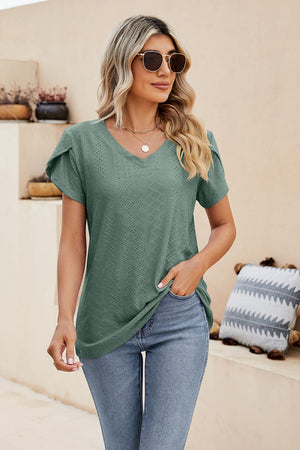 Teal perforated sleeve detail knit top with V-neck
