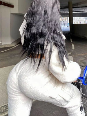 Cozy Plush Crop Top And Cargo Pants Set in White, back view