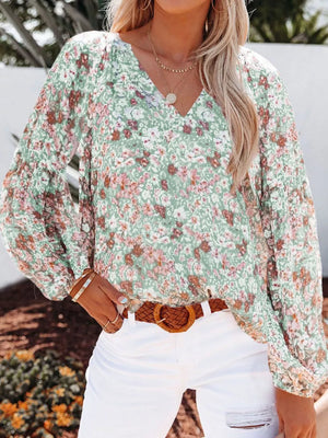 Green floral print V-neck long sleeve maternity shirt with ruffled cuffs