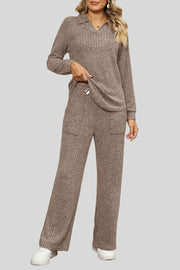 Ribbed knit lounge set in tan with collar, long sleeves, and wide leg pants with pockets.