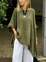 Full Size Loose Fit Asymmetrical Hem Top in Navy Blue, close-up detail