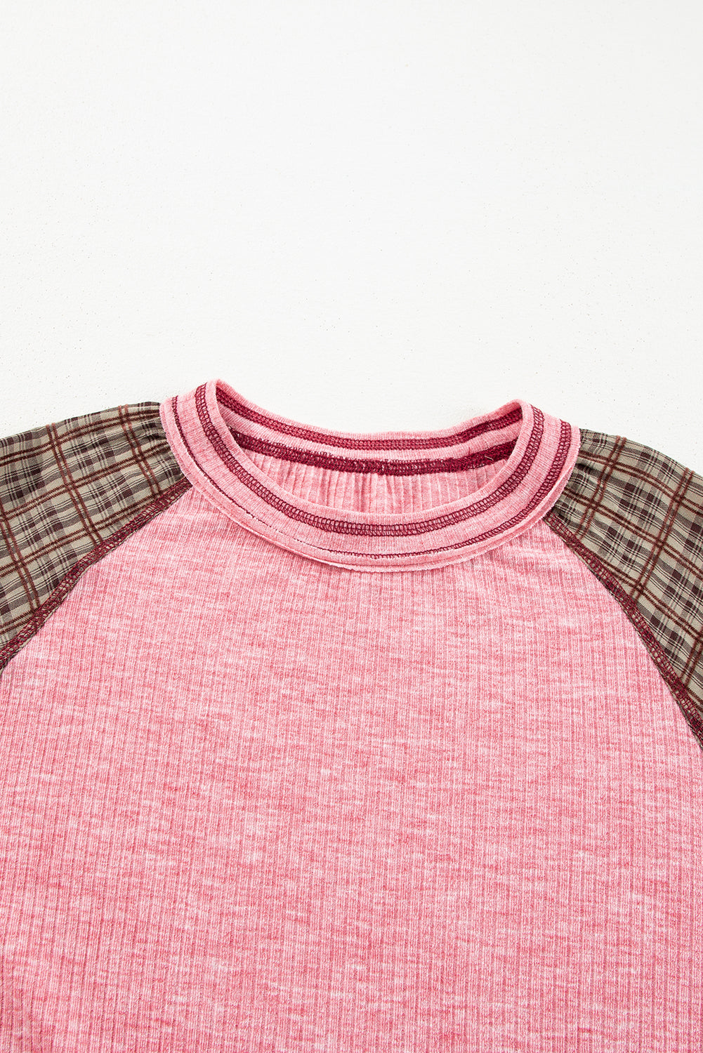 Dusty Pink raglan tee with plaid puff sleeves and ribbed texture.