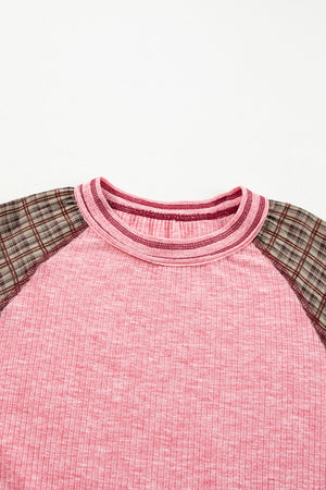 Dusty Pink raglan tee with plaid puff sleeves and ribbed texture.