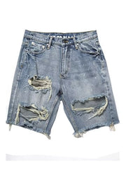 Men's distressed blue denim shorts with rips and frayed hem