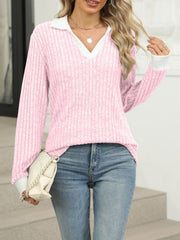 Pink ribbed knit long sleeve t-shirt with white collar and cuffs, v-neck.