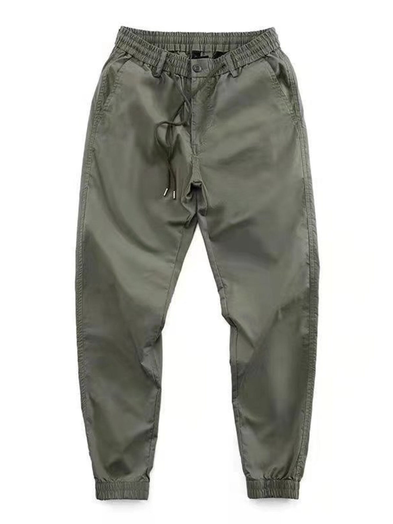 Men's khaki drawstring joggers with a relaxed fit and elastic cuffs.