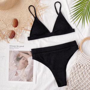 Black ribbed triangle bikini with high-waist brief