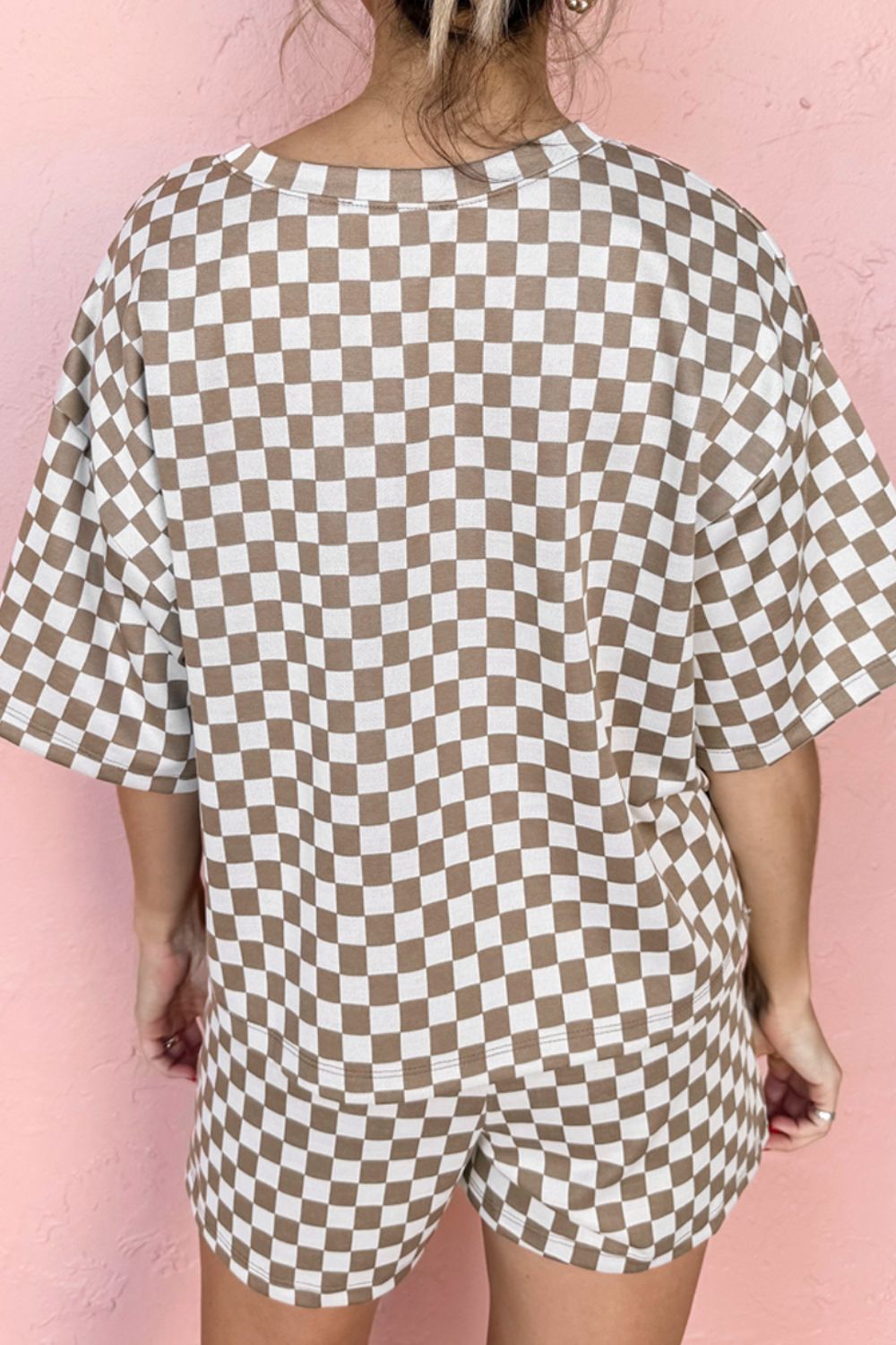 Checkered loungewear set in khaki and white, featuring a short-sleeve top and shorts.
