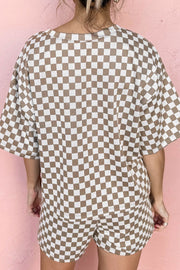 Checkered loungewear set in khaki and white, featuring a short-sleeve top and shorts.