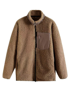 Brown sherpa zip-up jacket with a patch chest pocket and stand-up collar.