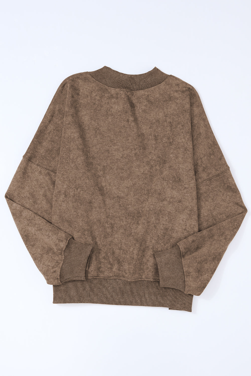 Acid wash mock neck sweatshirt in taupe with ribbed cuffs and hem